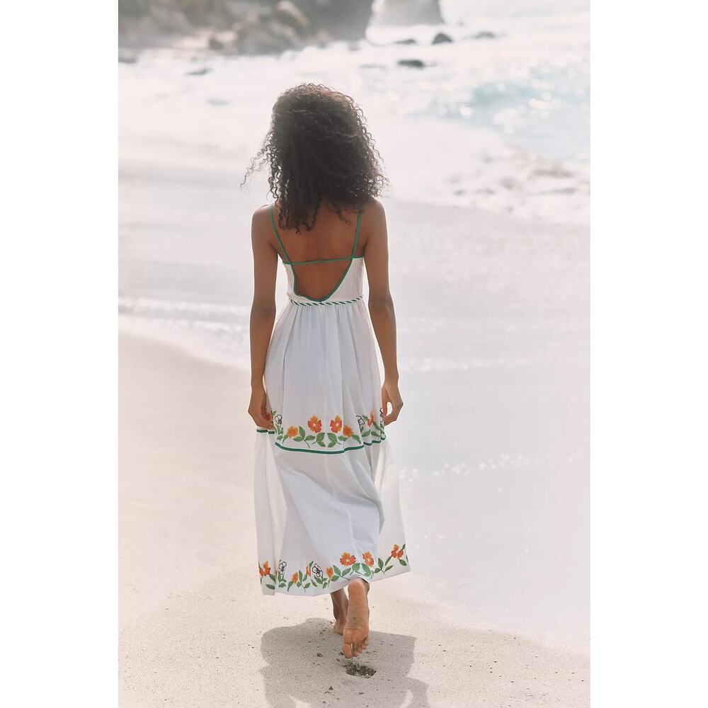 New Anthropologie Celandine Floral Embroidered Midi Dress $148 LARGE Ivory Cord - Picture 4 of 6